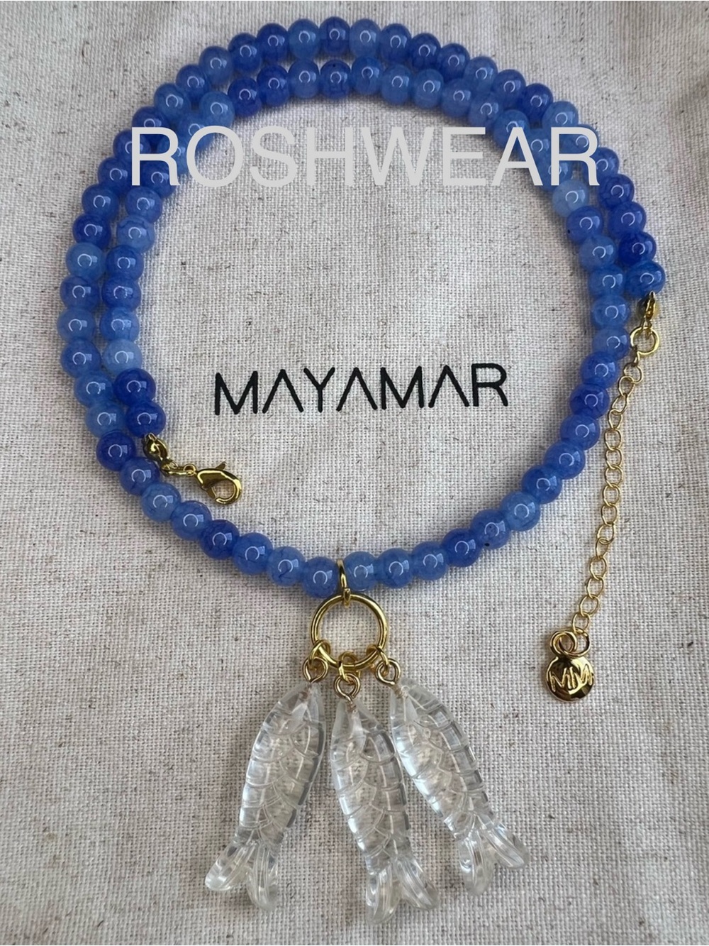 Mayamar Blue Bead Necklace with Clear Fish Charms NWOT